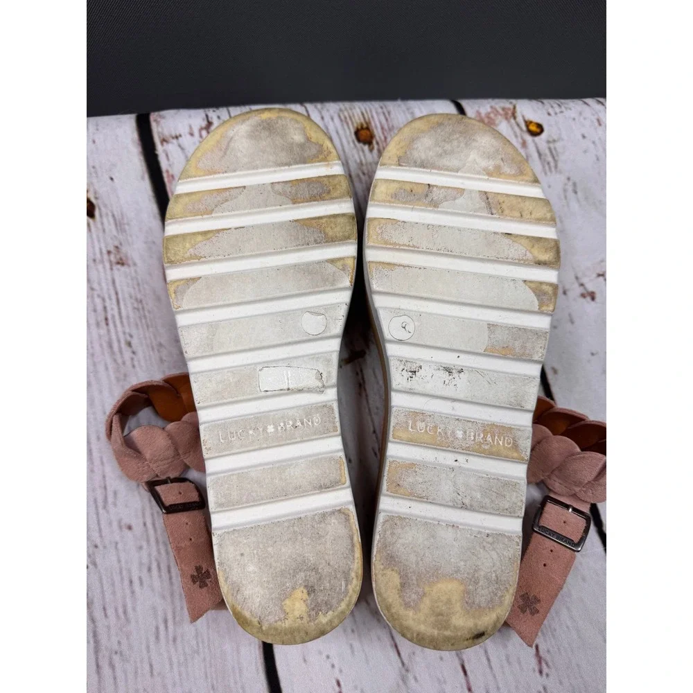 Lucky Brand Vellenora Pink Suede Scalloped Platform Wedge Sandals‎ Mens 7.5 M 38